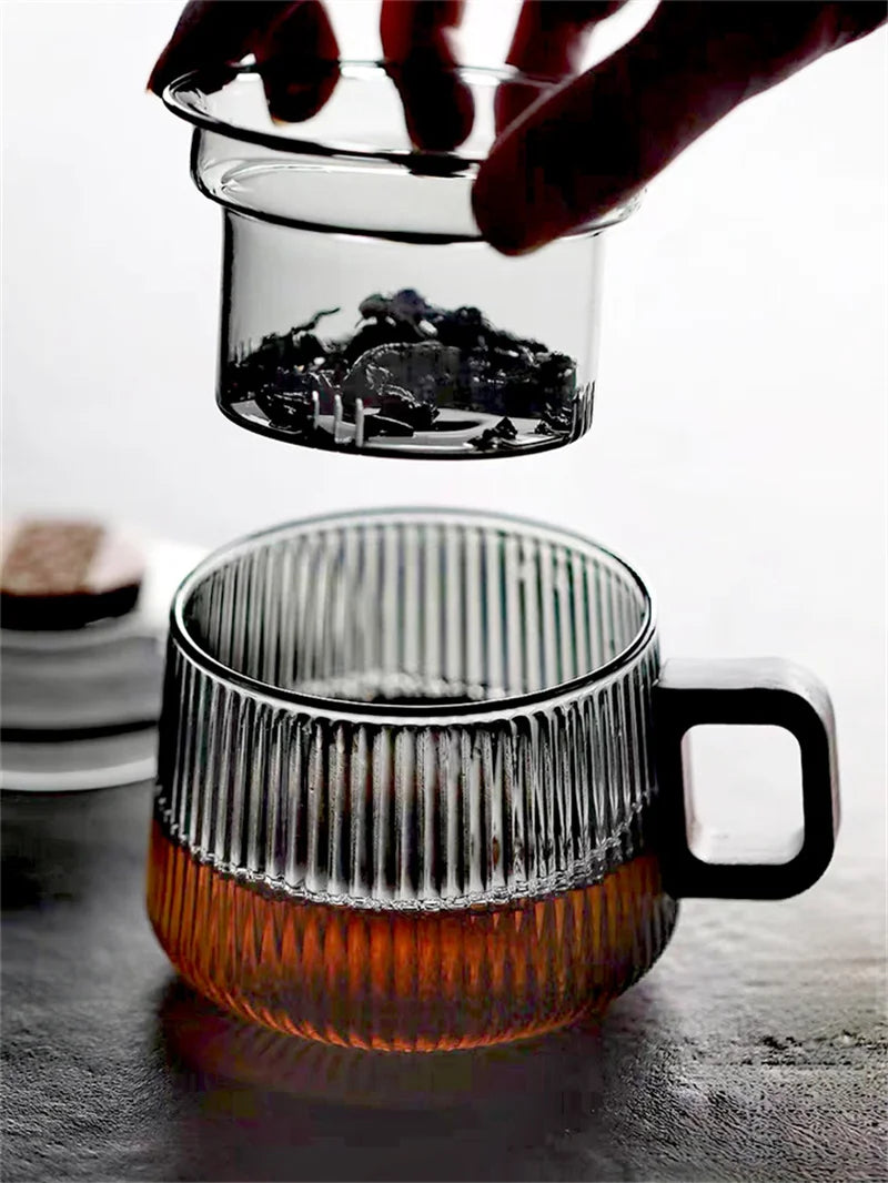 Premium Striped Glass Tea Mug - Wooden Handle & Separator