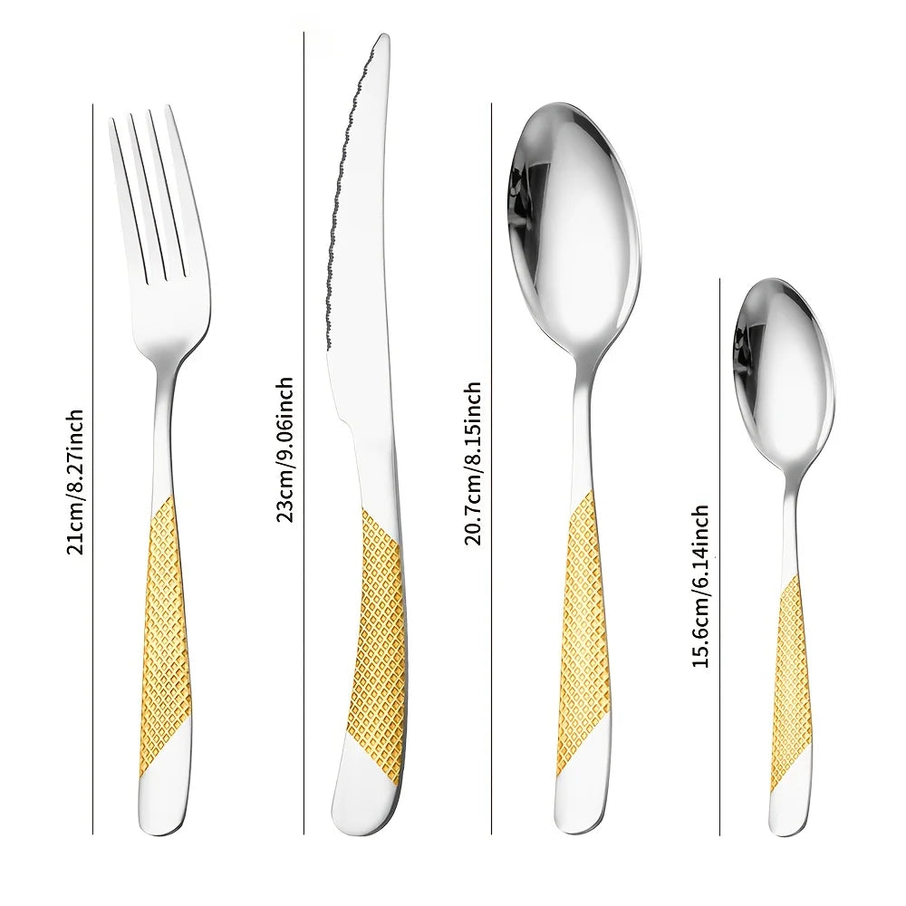 Premium Hammered Flatware Set - Golden Silvery Stainless Steel