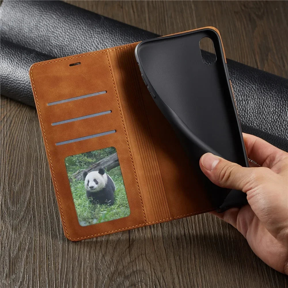 Premium Suede Leather iPhone Wallet Case - Magnetic Flip Cover