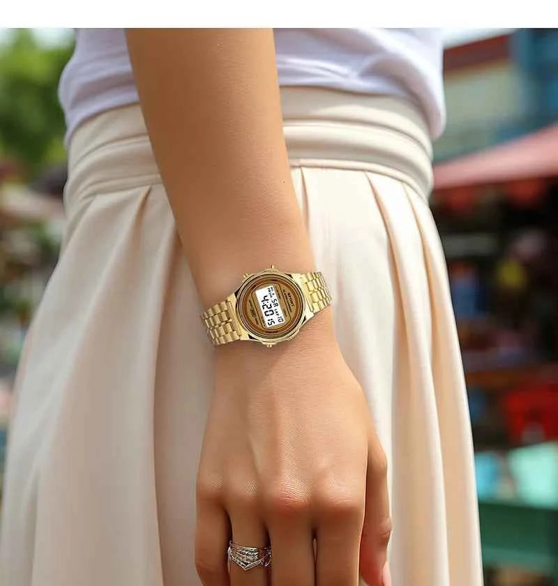 Retro Stainless Steel Ladies LED Digital Watch - Gold & Rose Gold