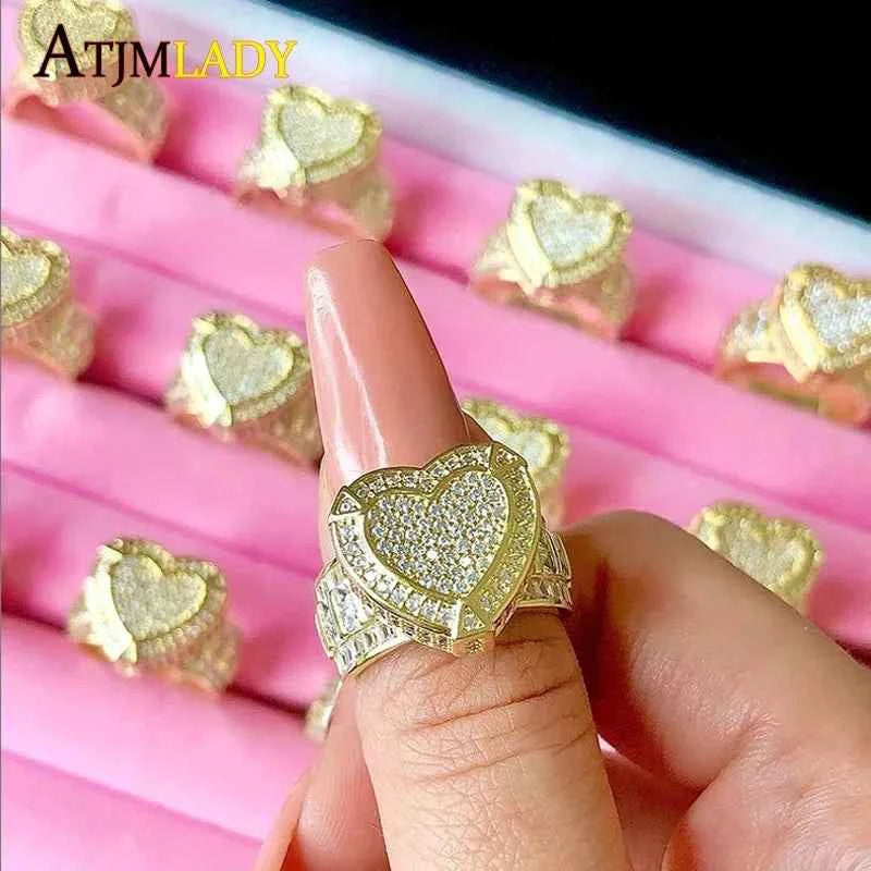Elegant Iced Out Heart Engagement Ring - Gold & Silver