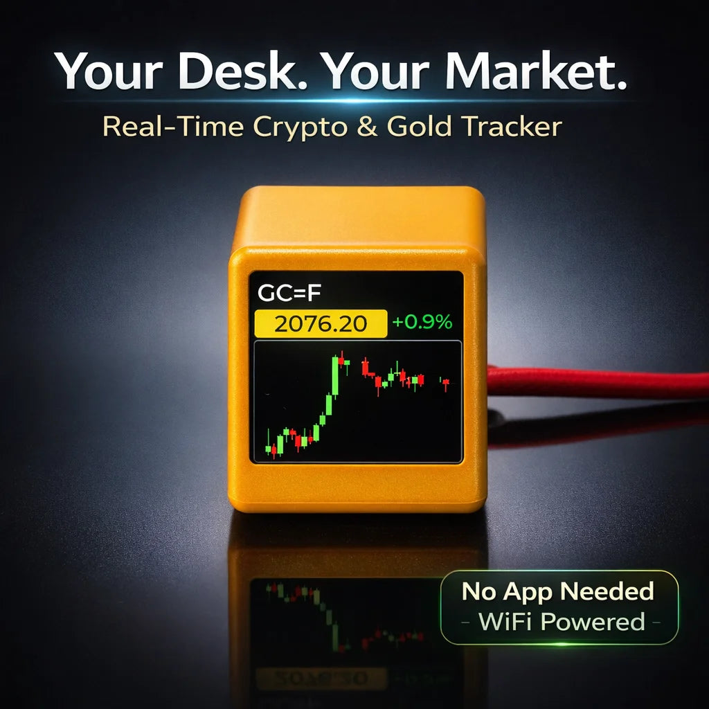 Smart WiFi desk clock - white digital display showing weather and stock data