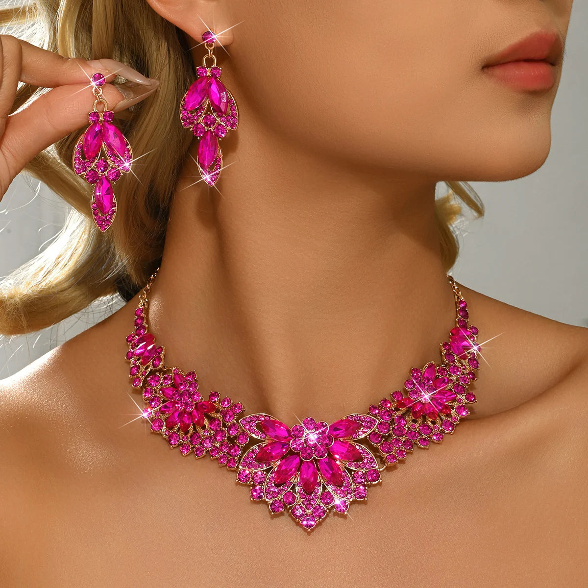 Luxury Purple Crystal Jewelry Set - Gold Rhinestone Necklace & Earrings