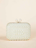 Elegant Pearl Bead Clutch - Glossy Kiss Lock Evening Bag
