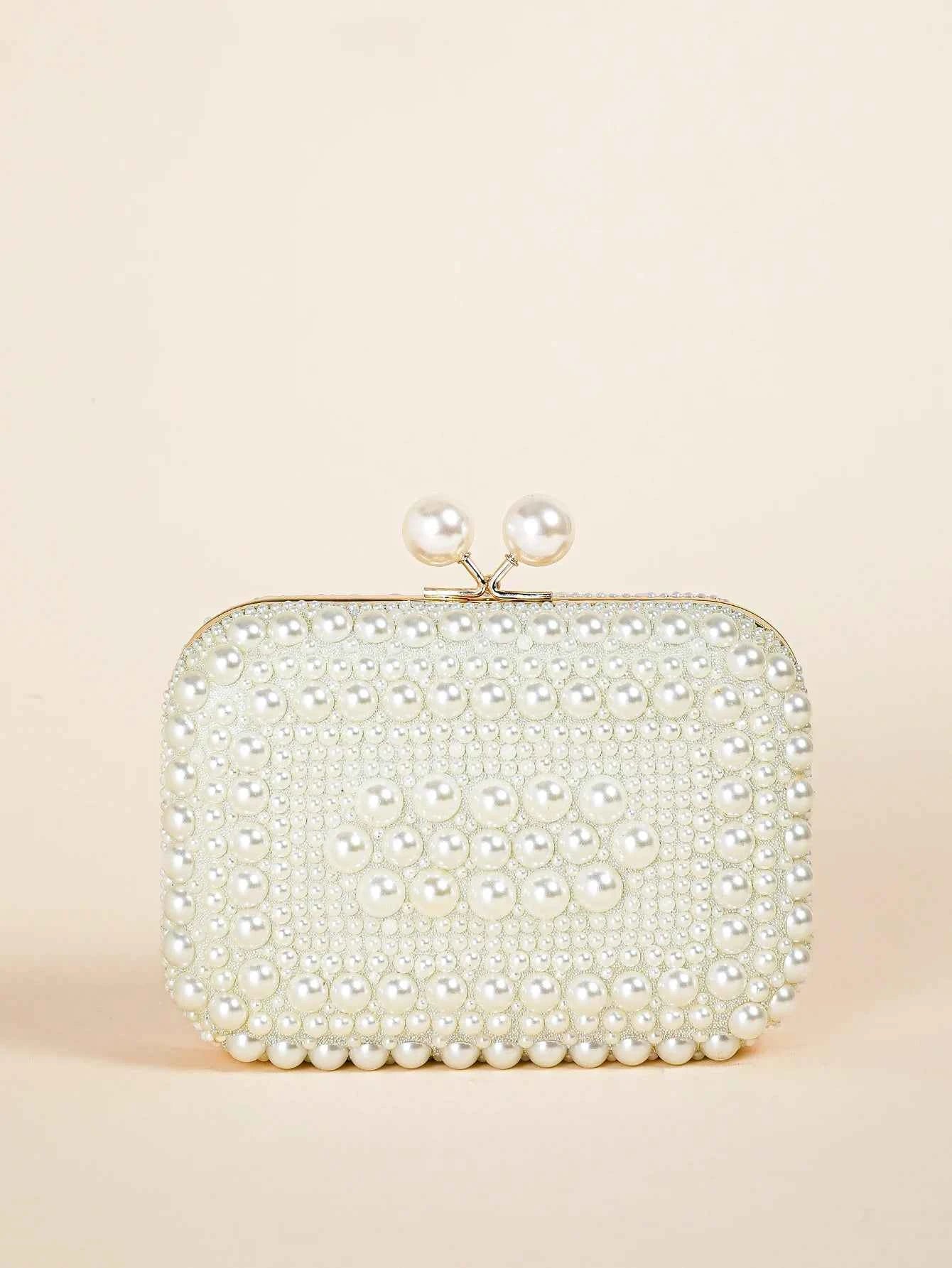 Elegant Pearl Bead Clutch - Glossy Kiss Lock Evening Bag