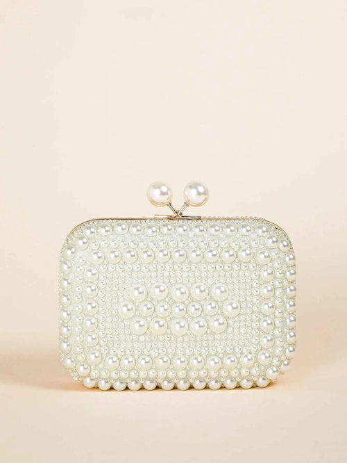 Elegant Pearl Bead Clutch - Glossy Kiss Lock Evening Bag