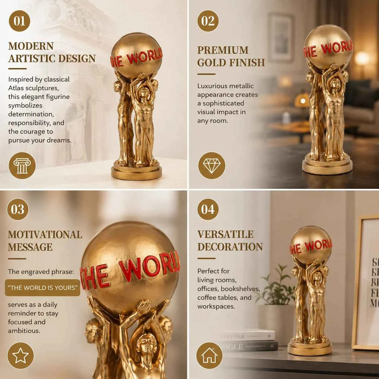 Elegant Gold Atlas Globe Sculpture - World Is Yours Figurine