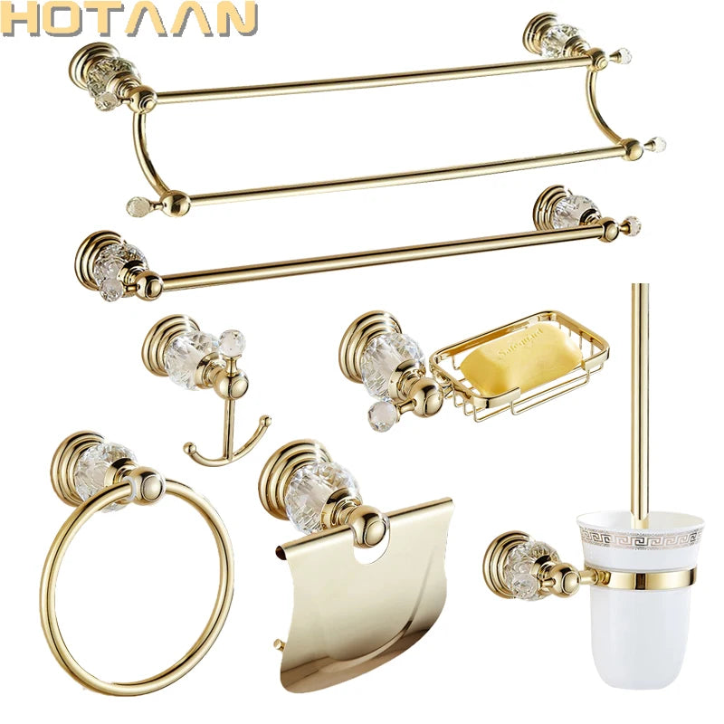 Gold Bathroom Hardware Set - luxury polished brass with crystal accents, wall mounted
