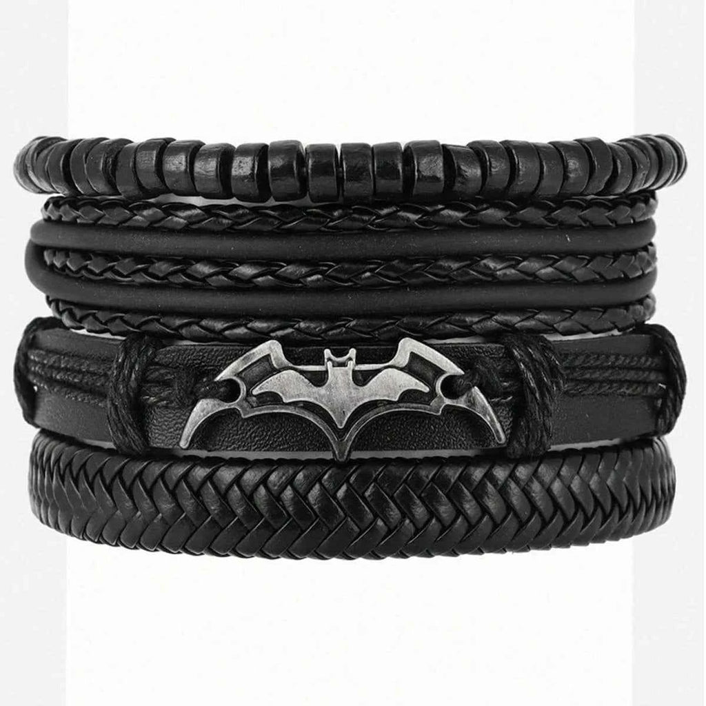 Punk Bat PU Leather Braided Bracelet - Black Multi-Layer