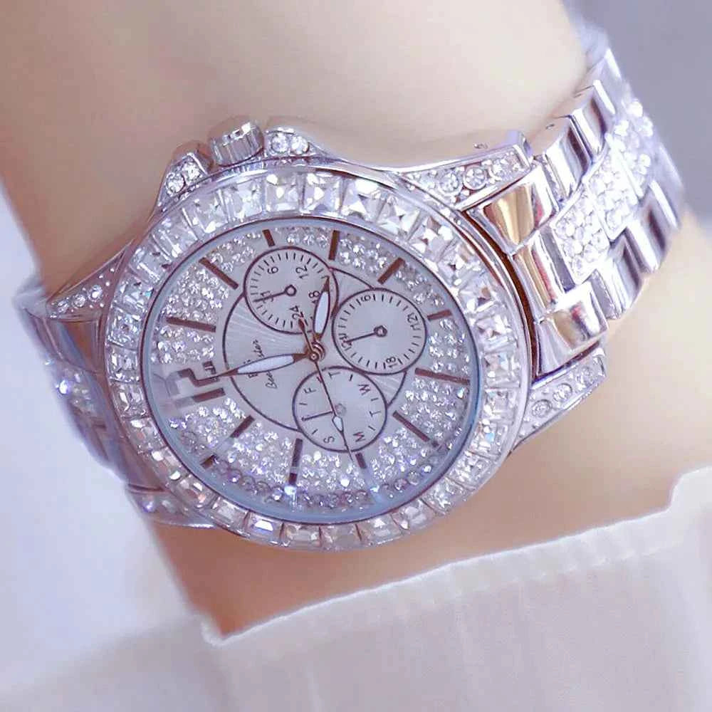 Elegant Women's Diamond Wrist Watch - Waterproof Silver Gold