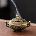 Copper alloy incense burner - antique style with hand-carved openwork fretwork design