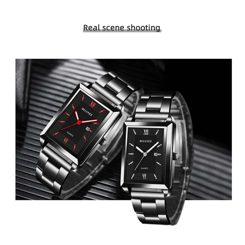 Elegant Men's Rectangle Watch - Stainless Steel Quartz