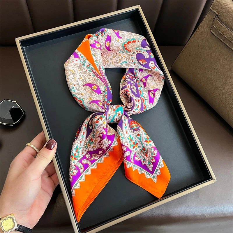 Elegant Bohemian Silk Square Scarf - Floral Satin Neck Scarf