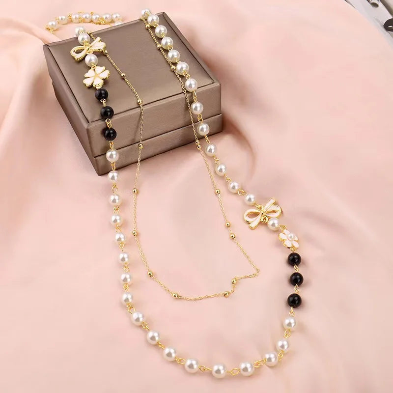 Elegant Long Pearl Necklace - Multilayer Camellia Flower Design