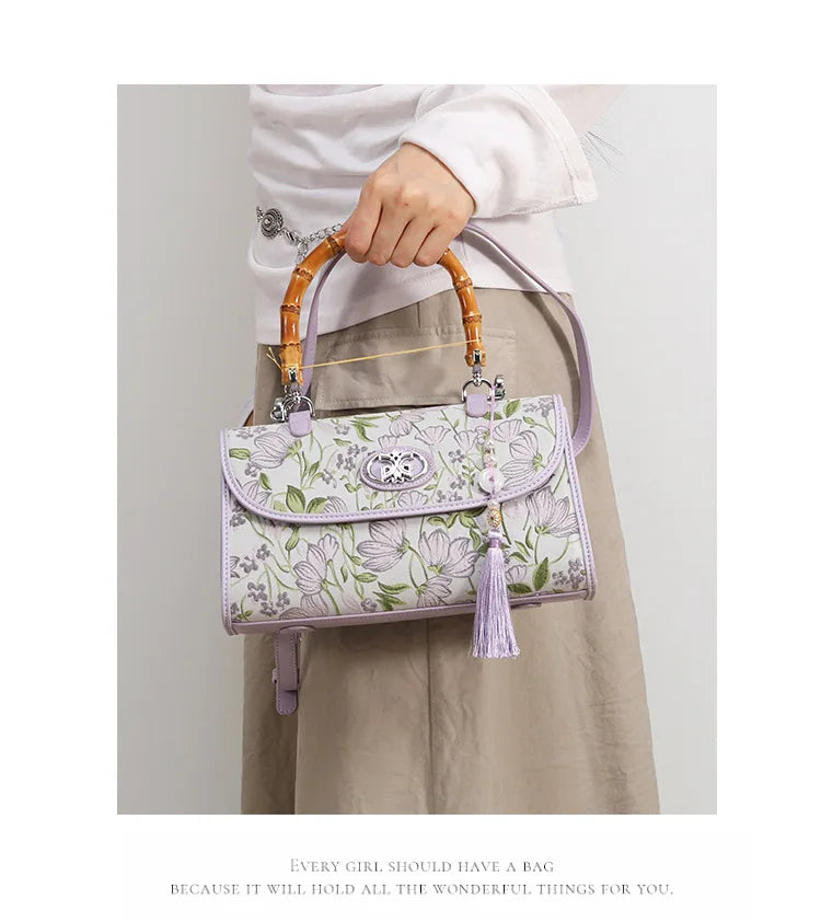 Elegant Embroidered Bamboo Handbag - Chinese Style