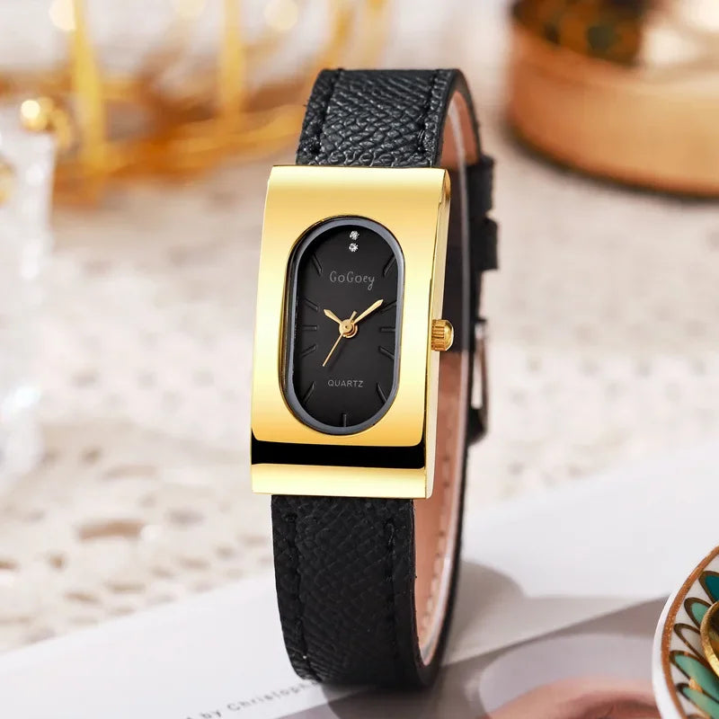 Elegant Ladies Rectangular Quartz Watch - Leather Strap