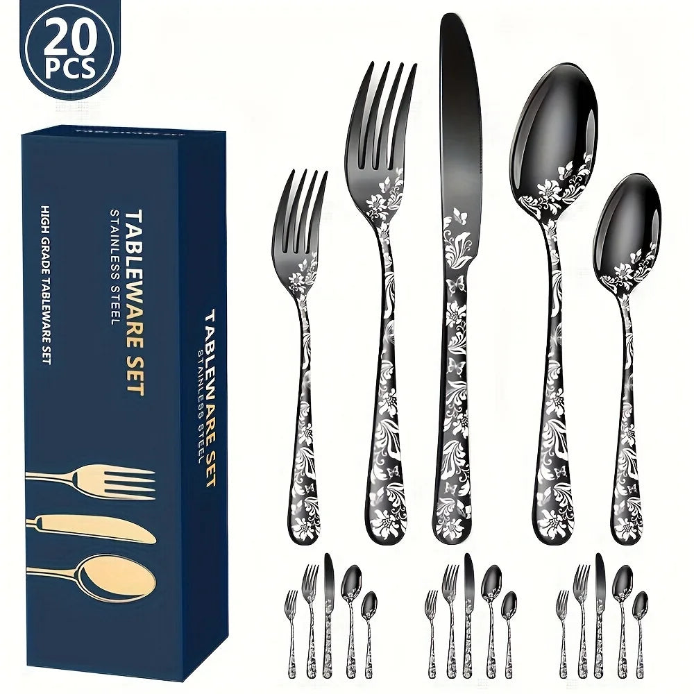 20 piece flatware set - elegant stainless steel cutlery in gold, silver, and black