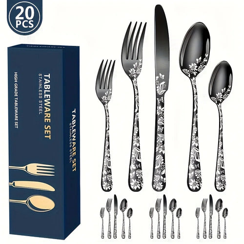 20 piece flatware set - elegant stainless steel cutlery in gold, silver, and black