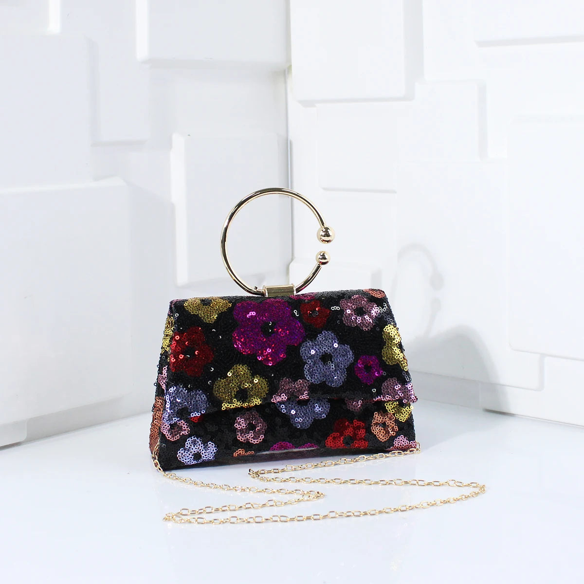 Elegant Sequins Evening Handbag with Floral Design