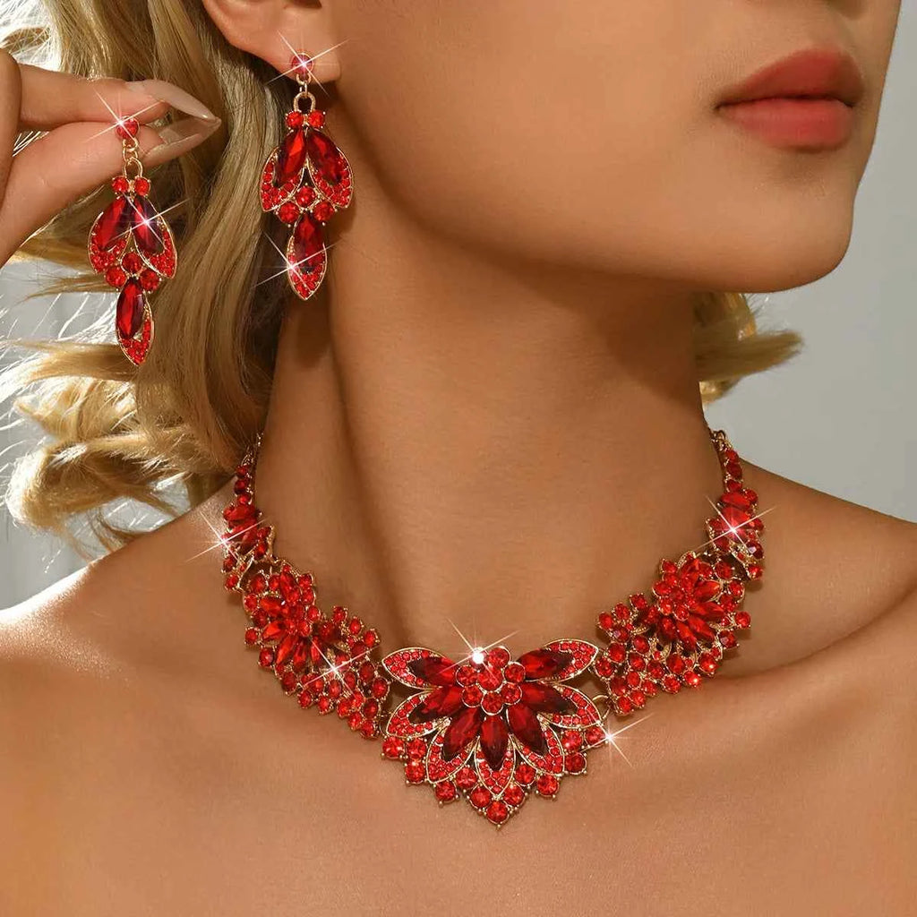 Luxury Purple Crystal Jewelry Set - Gold Rhinestone Necklace & Earrings
