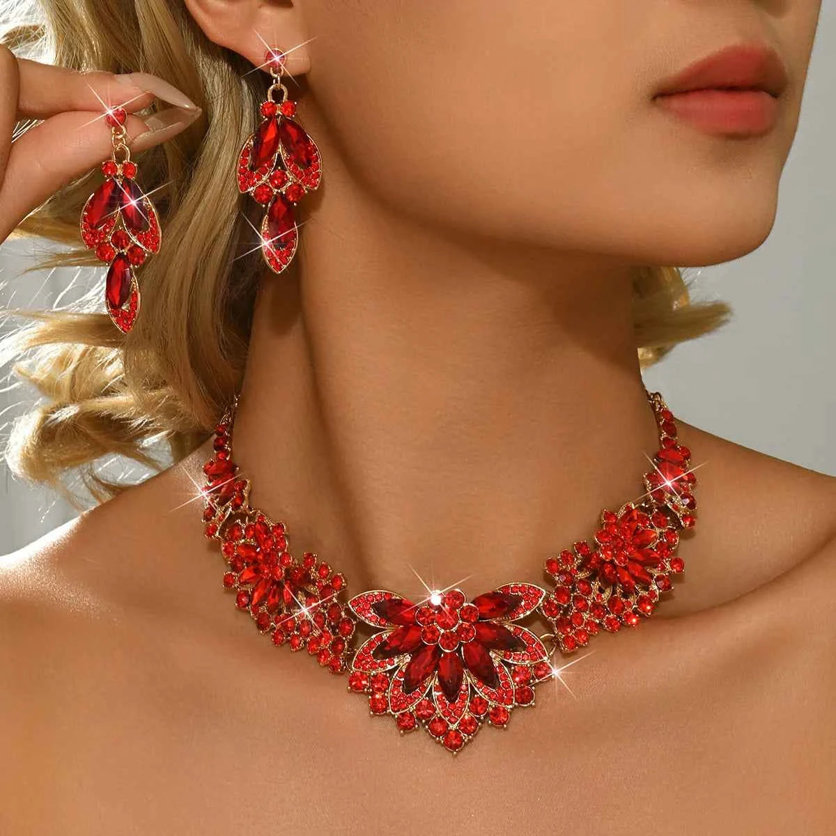 Luxury Purple Crystal Jewelry Set - Gold Rhinestone Necklace & Earrings
