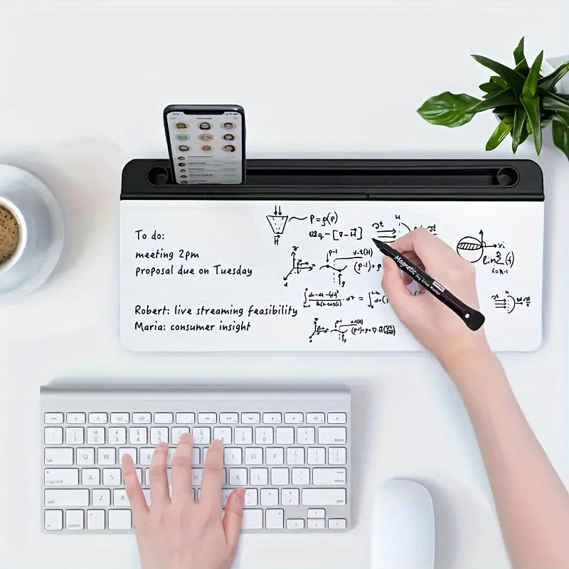 Compact glass whiteboard - modern tempered glass desktop organizer in white with built-in storage