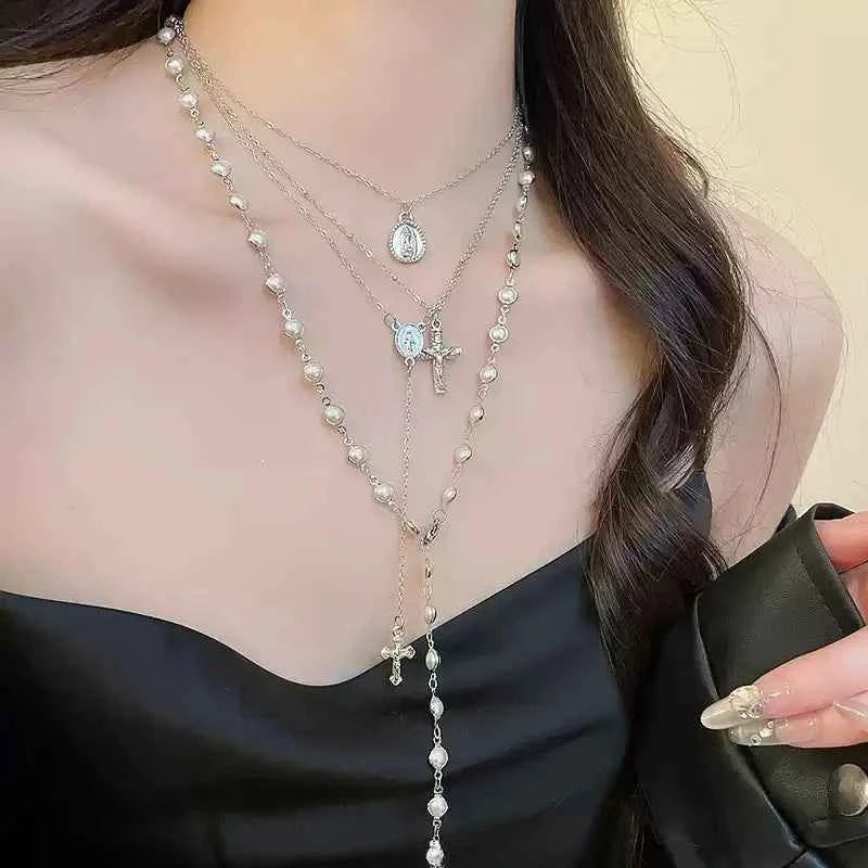 Elegant Baroque Pearl Choker - Multi Layer Cross Necklace