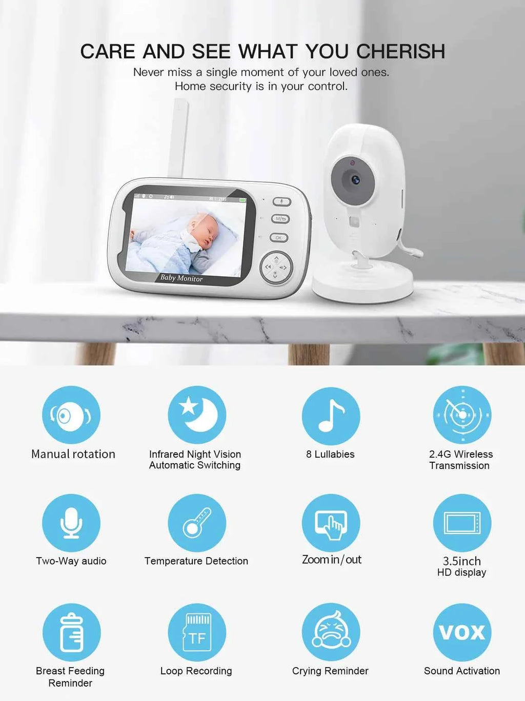 Premium Video Baby Monitor with 3.5 Inch Wireless Screen & Audio