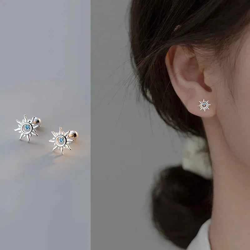 Elegant Sterling Silver Blue Zircon Sun Stud Earrings