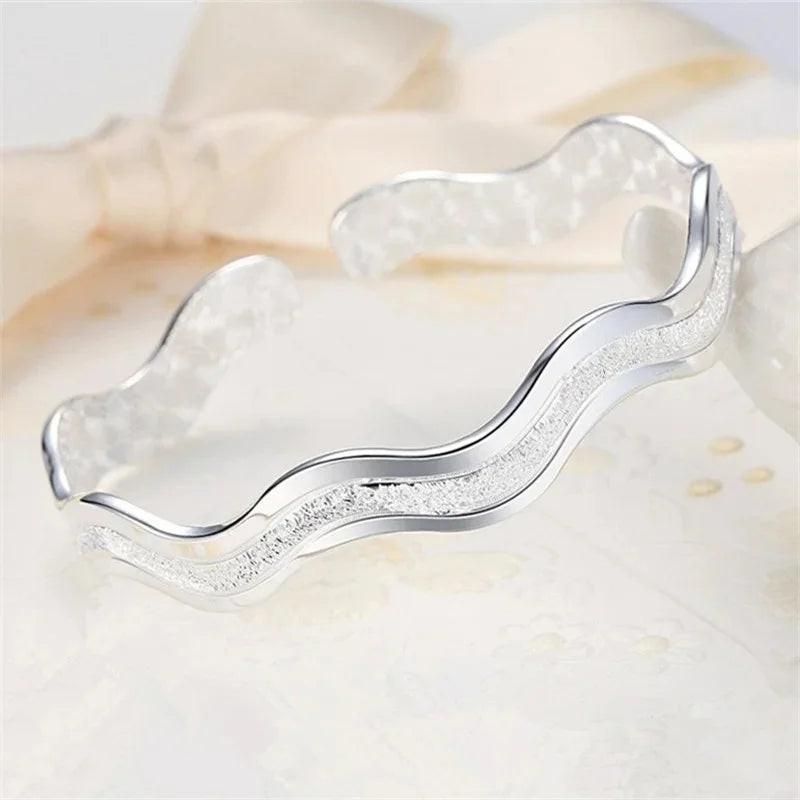 Elegant Wavy Open Bangle Bracelet - Frosted Sterling Silver