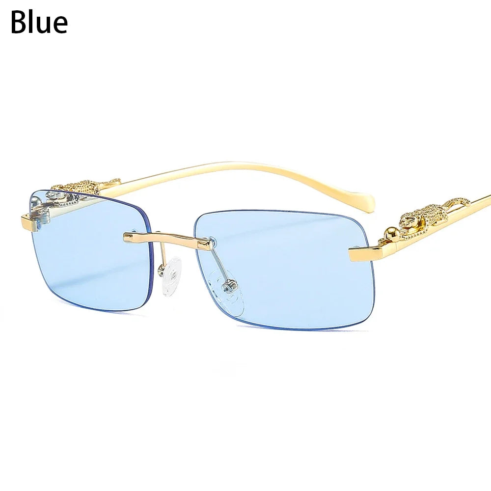 Luxury Rimless Square Sunglasses - Designer Metal Leopard Shade