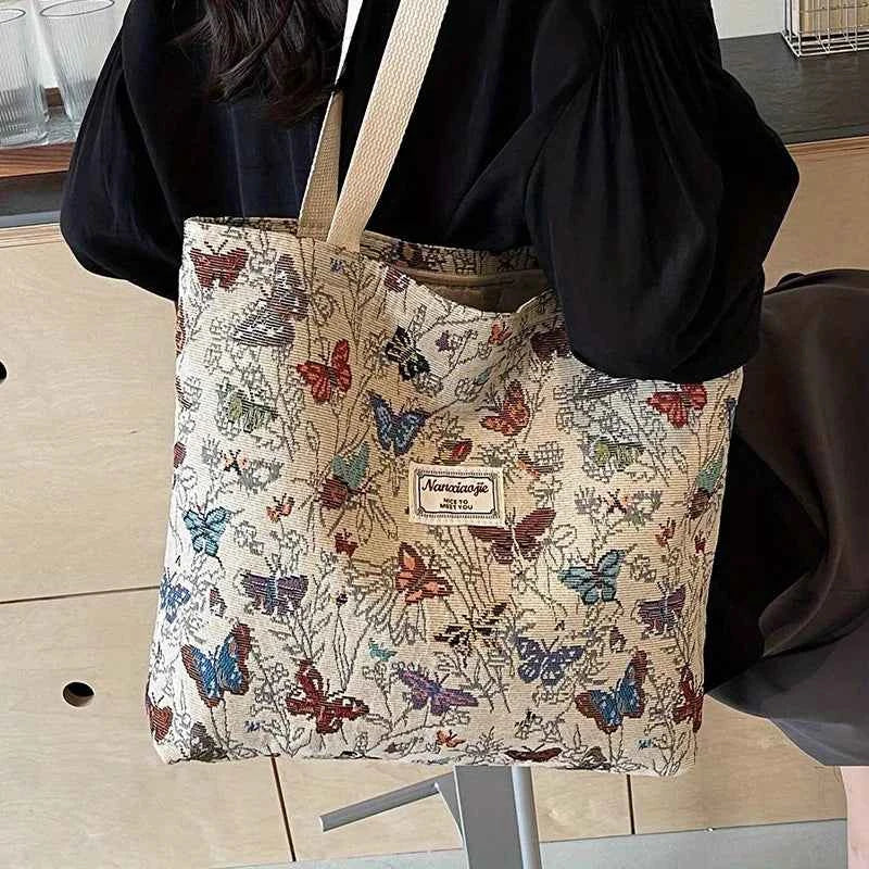 Elegant Butterfly Canvas Bag - Embroidered Shoulder Tote
