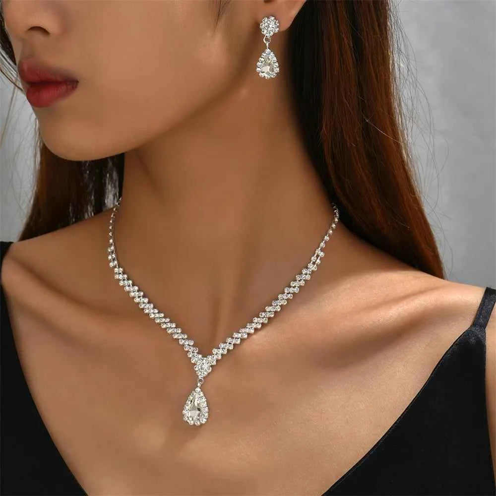 Elegant Crystal Necklace Set - Water Drop Pendant Party Jewelry