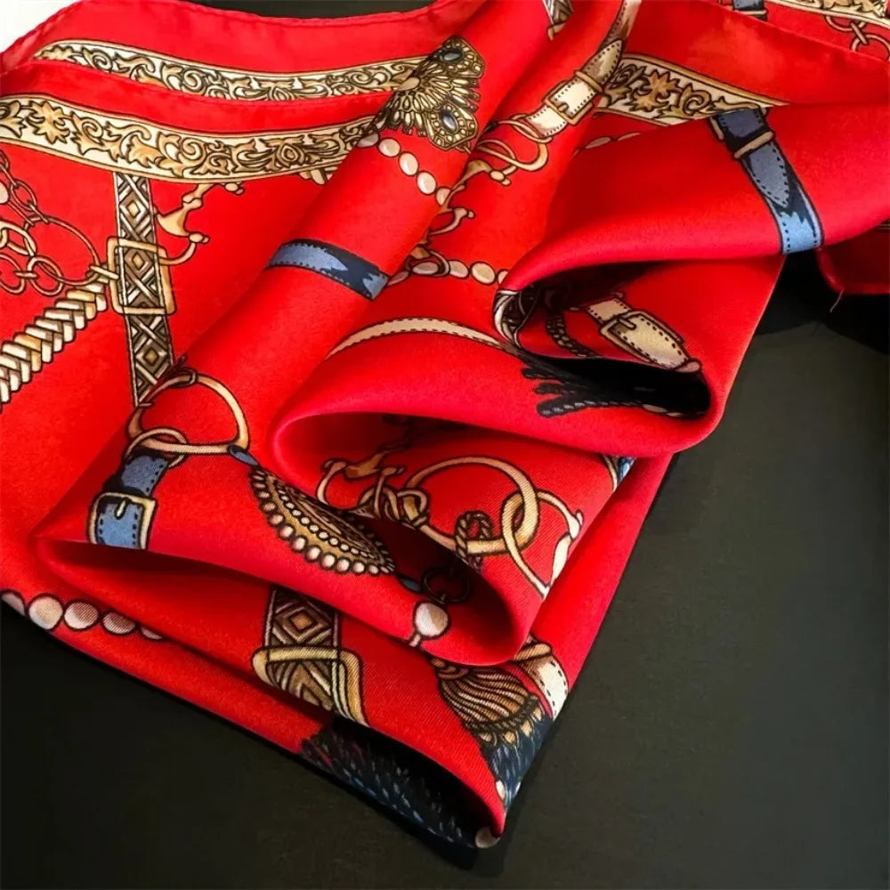 Luxury Red Chain Print Small Square Scarf - Simulated Silk
