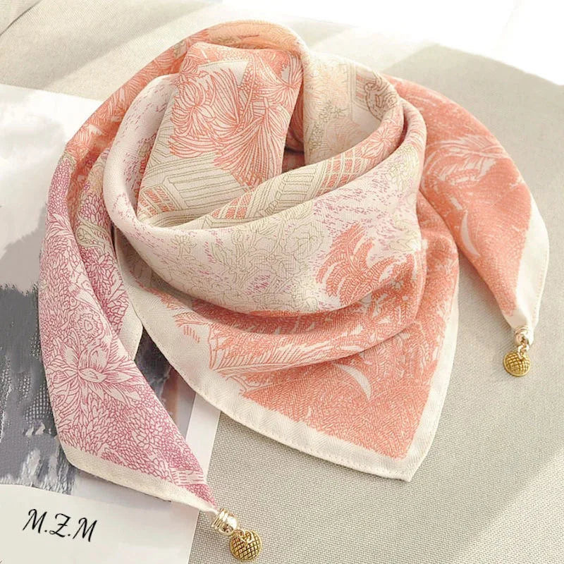 Luxury Silk Square Scarf - Magnetic Buckle & Print