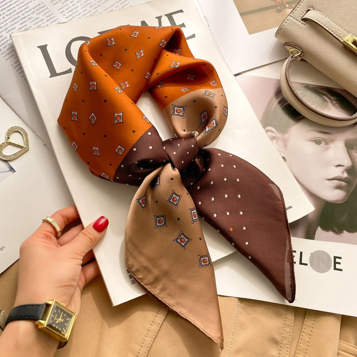 Luxury Silk Square Scarf - Elegant Hair Tie & Neck Band