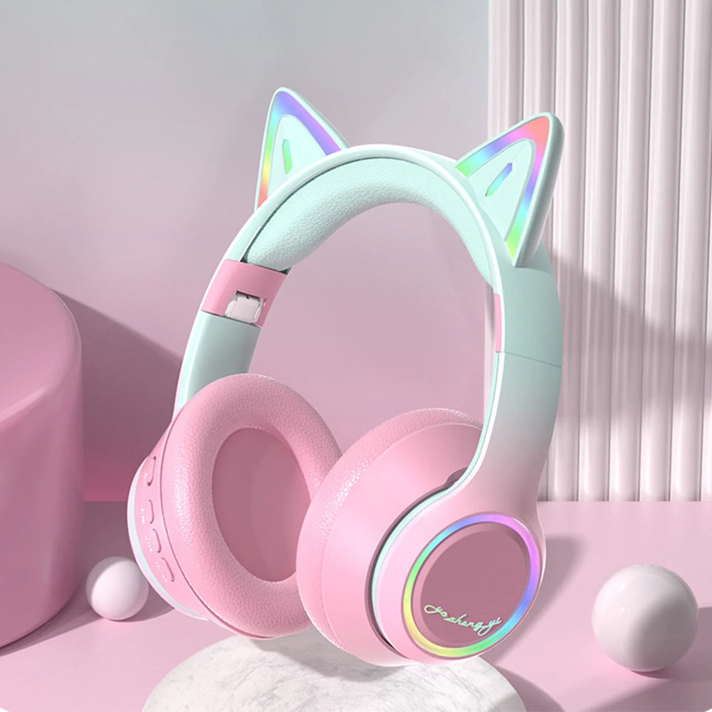 Premium RGB Cat Ear Headphones - Wireless Bluetooth 5.3 & Mic