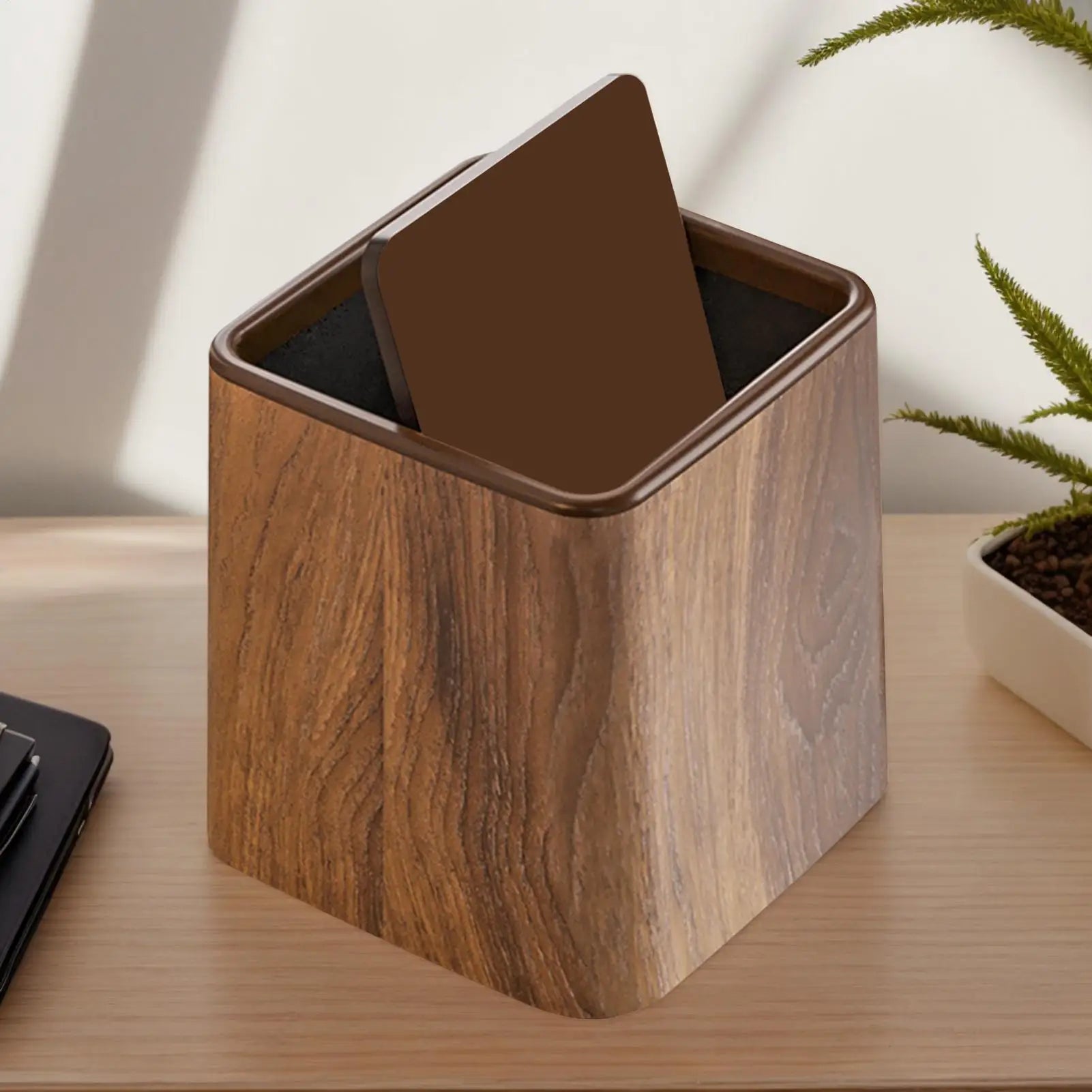 Elegant Small Desk Trash Can - Retro Wood Grain Design