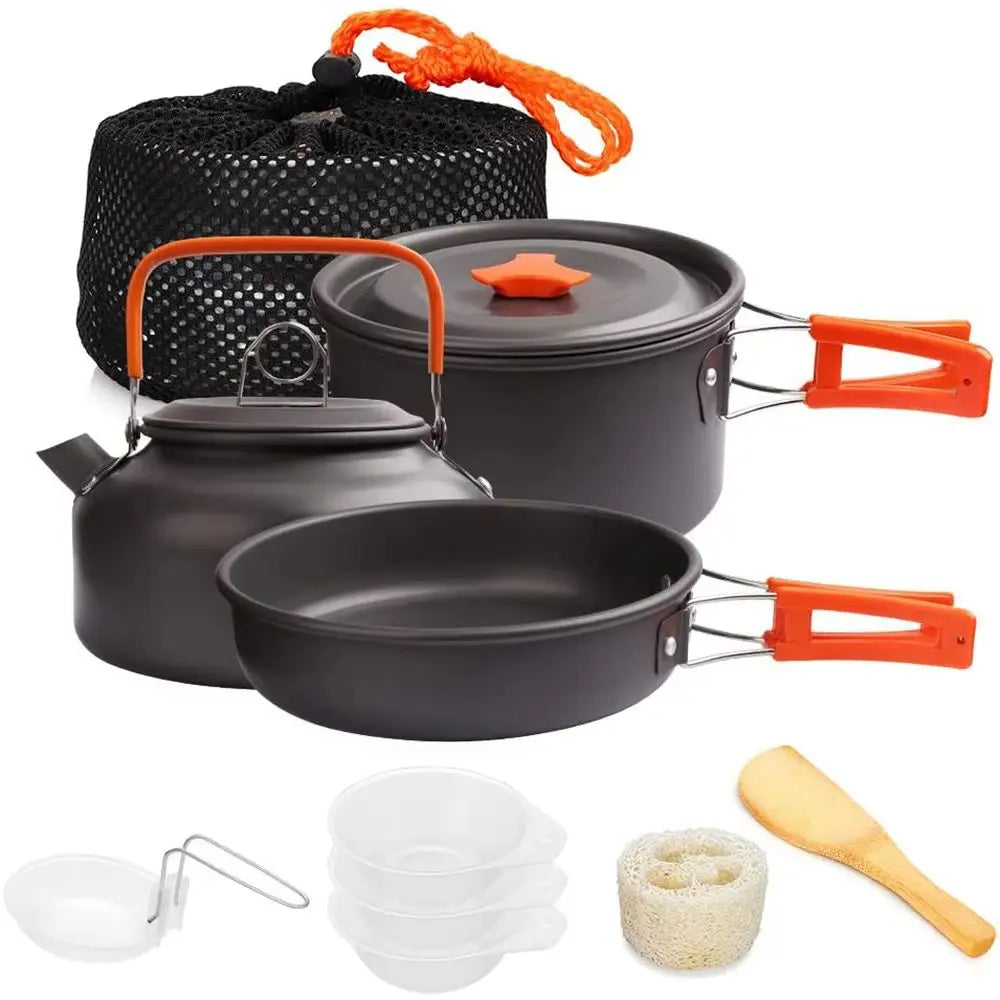 Premium camping cookware kit - stackable aluminum pot, pan, and kettle for outdoor cooking