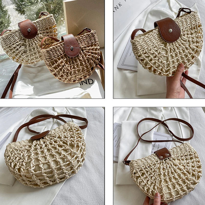 Elegant Straw Semicircle Bag - Chic Summer Crossbody