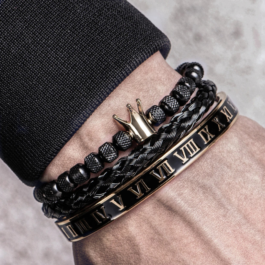 men's royal crown bracelet - black gold enamel stainless steel open adjustable