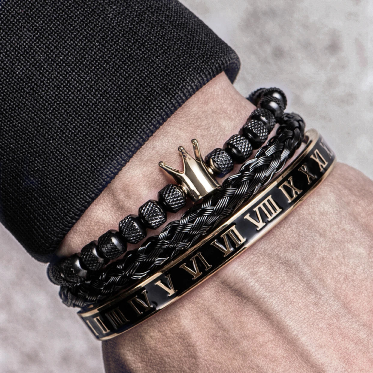 men's royal crown bracelet - black gold enamel stainless steel open adjustable