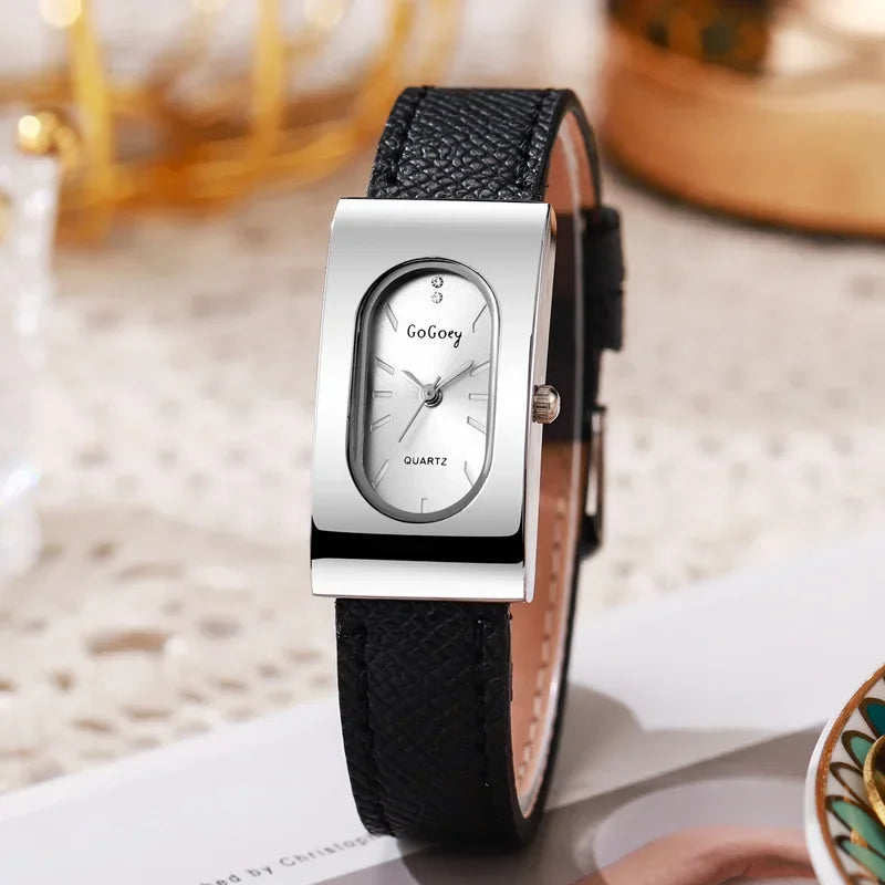 Elegant Ladies Rectangular Quartz Watch - Leather Strap