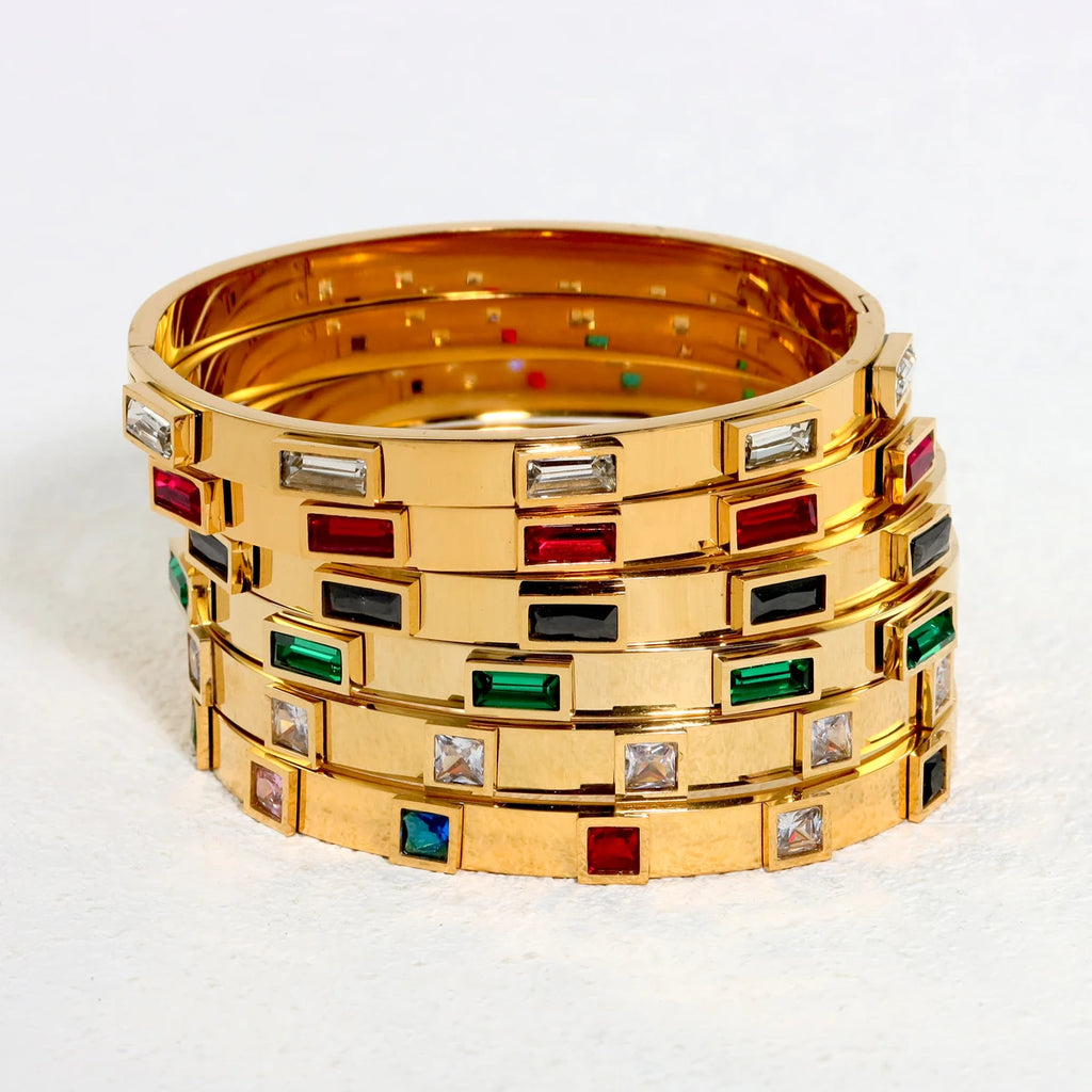 Gold Zircon Bangle - retro fashion stainless steel bangle with sparkling multicolor zircon inlay