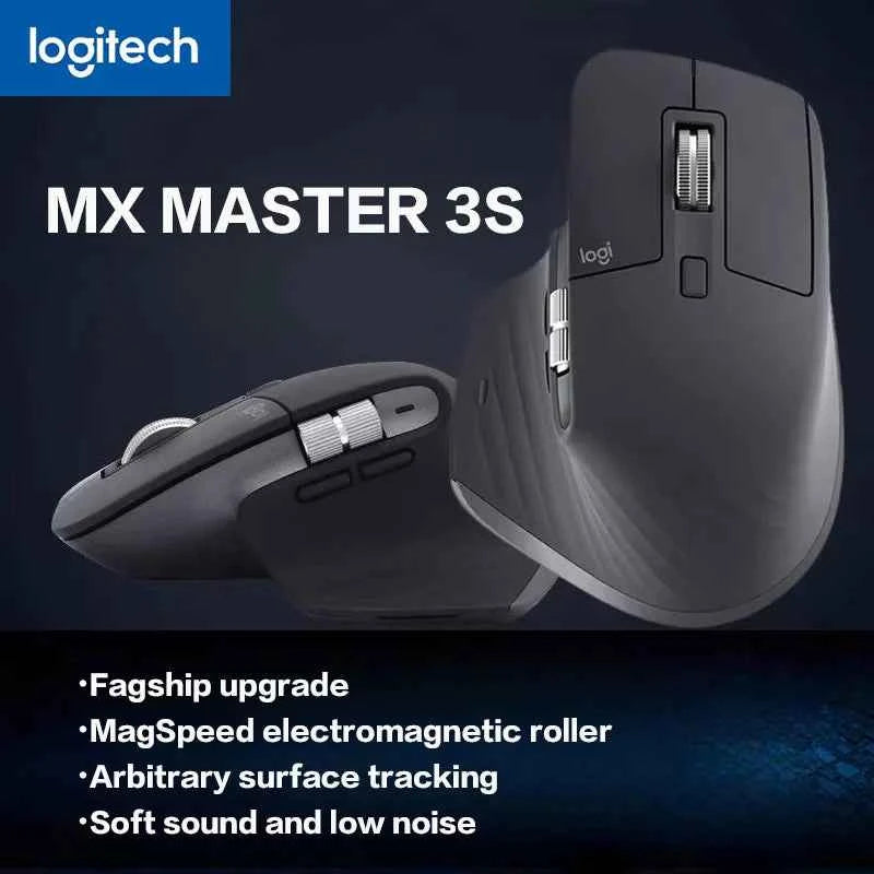 Ergonomic wireless mouse - black Logitech MX Master 3S on a white desk with laptop
