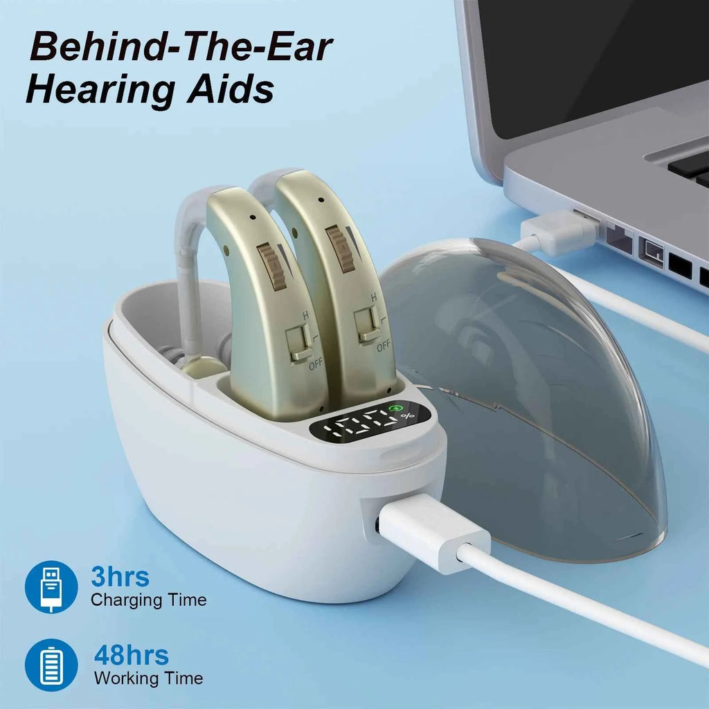 Sound amplifier earbuds - blue with charging case and adjustable volume control