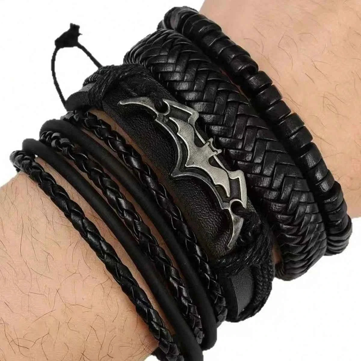 Punk Bat PU Leather Braided Bracelet - Black Multi-Layer