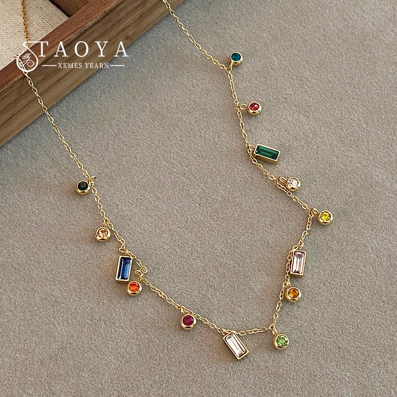 Elegant Stainless Steel Colorful Zircon Necklace - Gold Chain