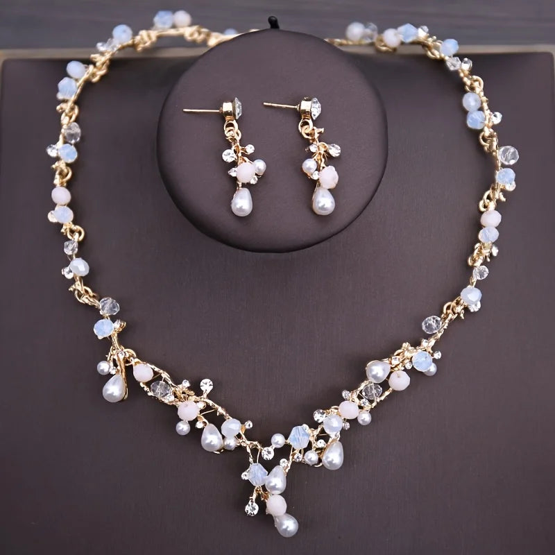 Luxury Crystal Pearl Bridal Jewelry Set with Crown