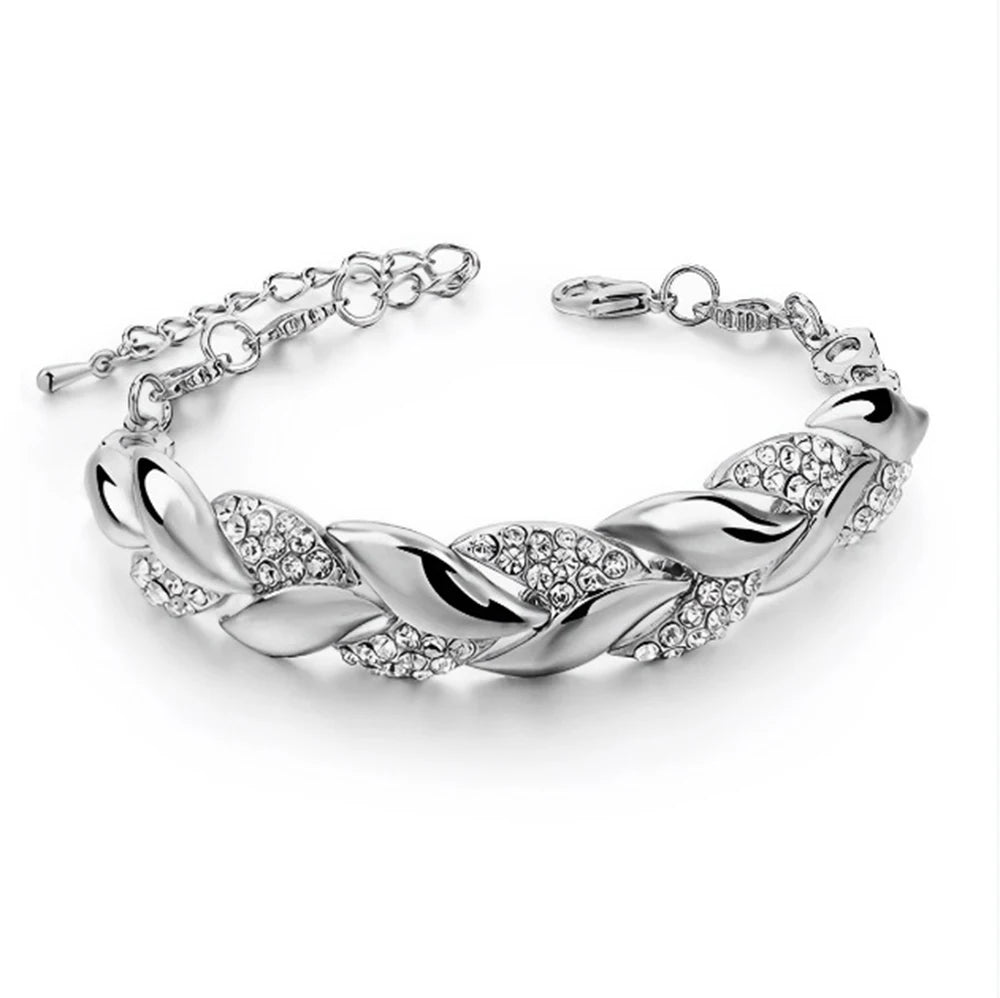 Elegant Crystal Wedding Bracelet - Braided Leaf Charm Design